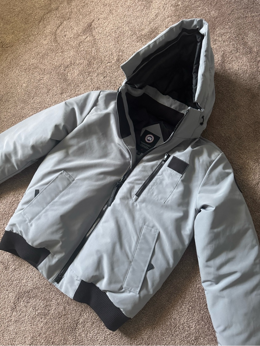 Canada Goose Light Gray Hooded Puffer Jacket with Black Trim